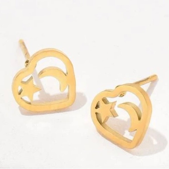 Jewelry - “Night Sky in my Heart” Gold Stainless Steel Lasercut Crescent Star Stellar Stud